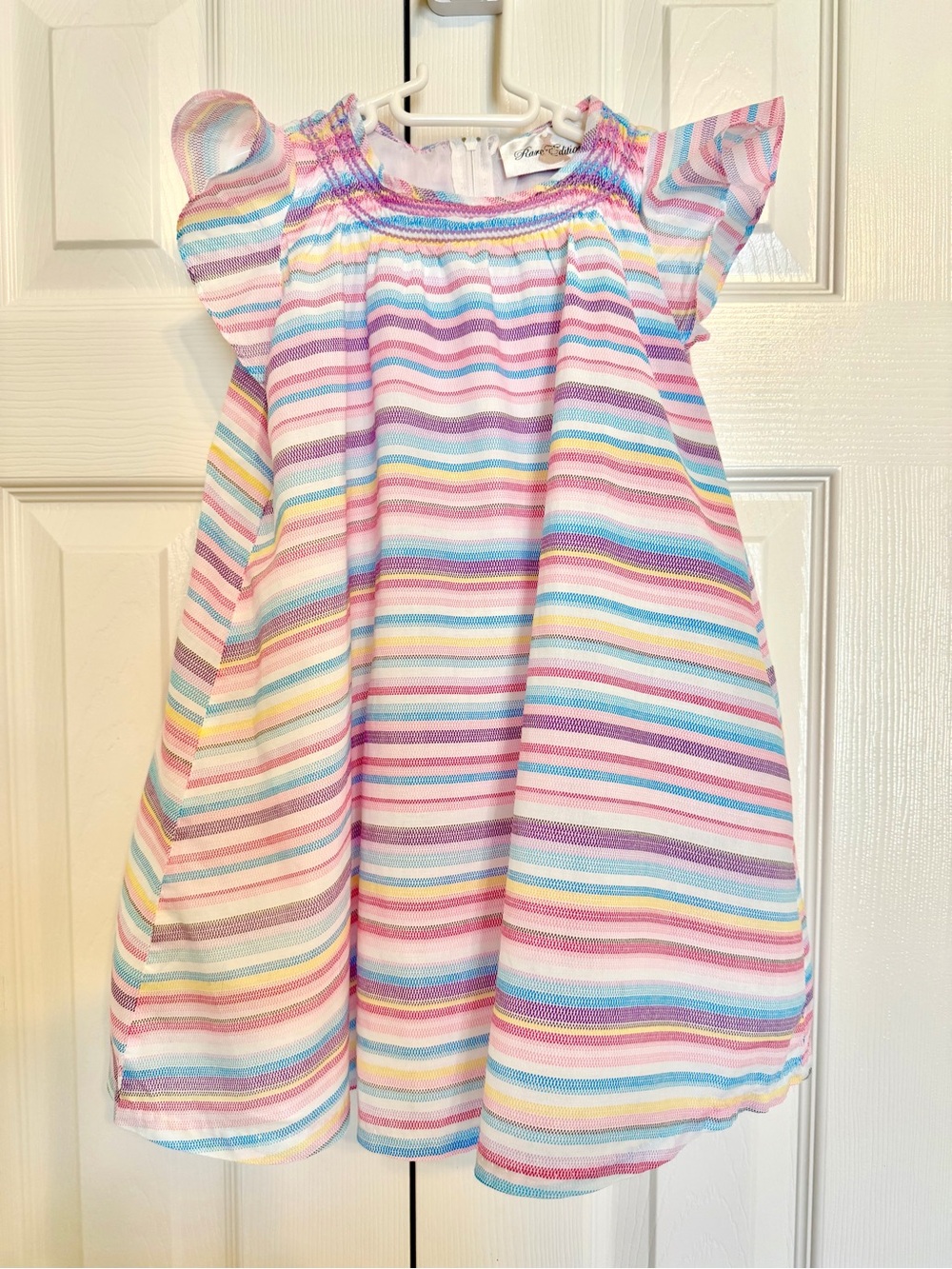 Rare Editions Smocked Rainbow Striped Dress Size 3T Flutter Sleeve Lightweight